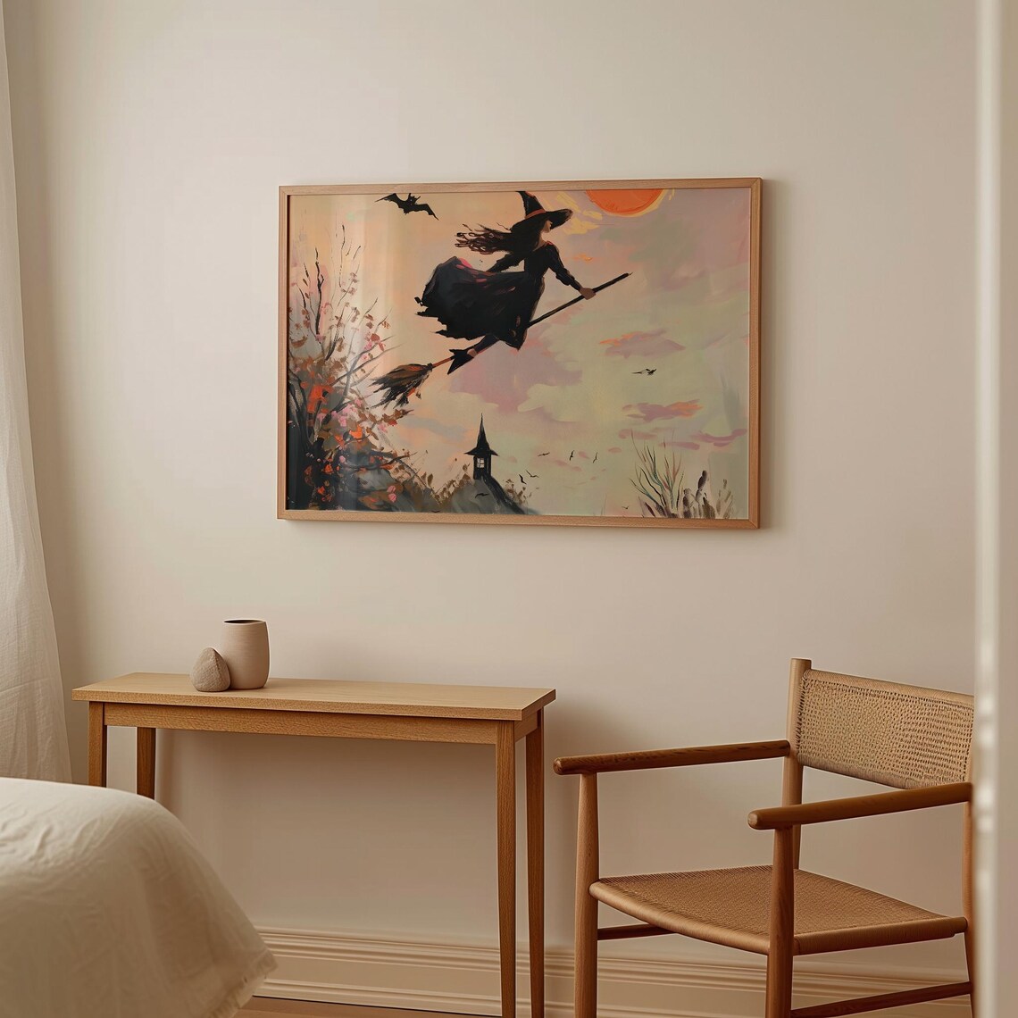 Witch Flying on Broomstick at Sunset Painting Vintage Halloween Night Sky Art Print - Image 2