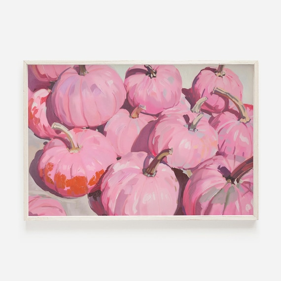 Hot Pink Pumpkin Pile Painting Girly Autumn Patch Fall Decor Wall Art Print