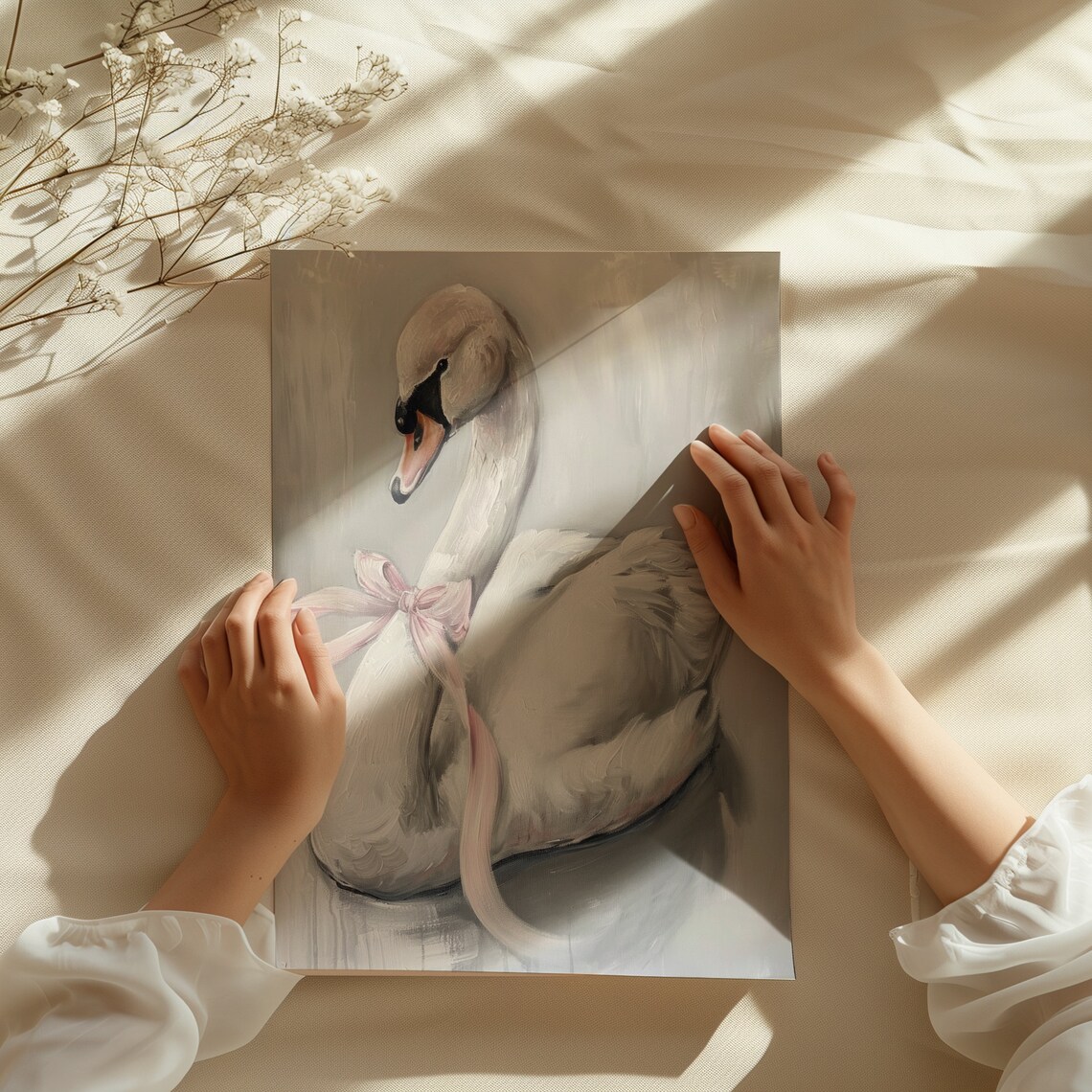 White Swan With Pink Bow Oil Painting Dreamy Coquette Room Wall Art - Image 3