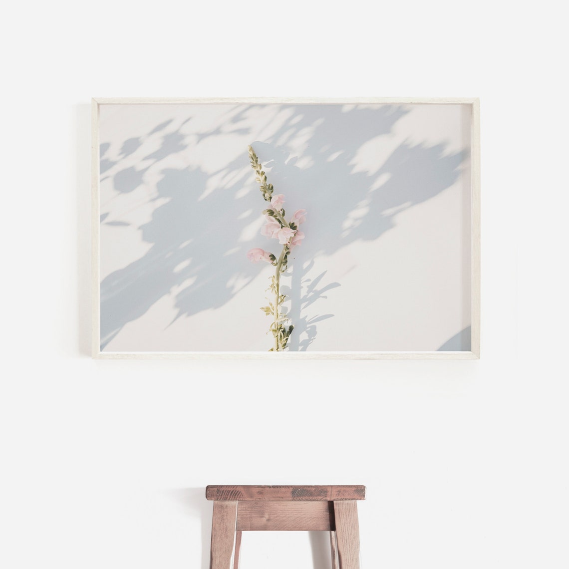 Pink Snapdragon Stem Leaf Shadow Minimal White Botanical Art Poster - Image 2