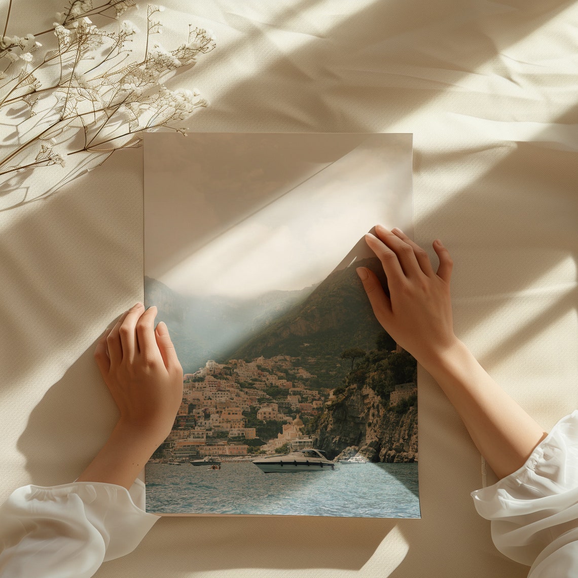 Positano Italy From The Sea Yacht Anchored Misty Cliffs View Poster - Image 3