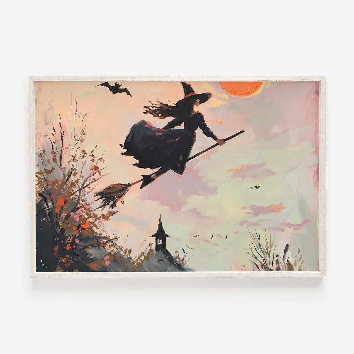 Witch Flying on Broomstick at Sunset Painting Vintage Halloween Night Sky Art Print