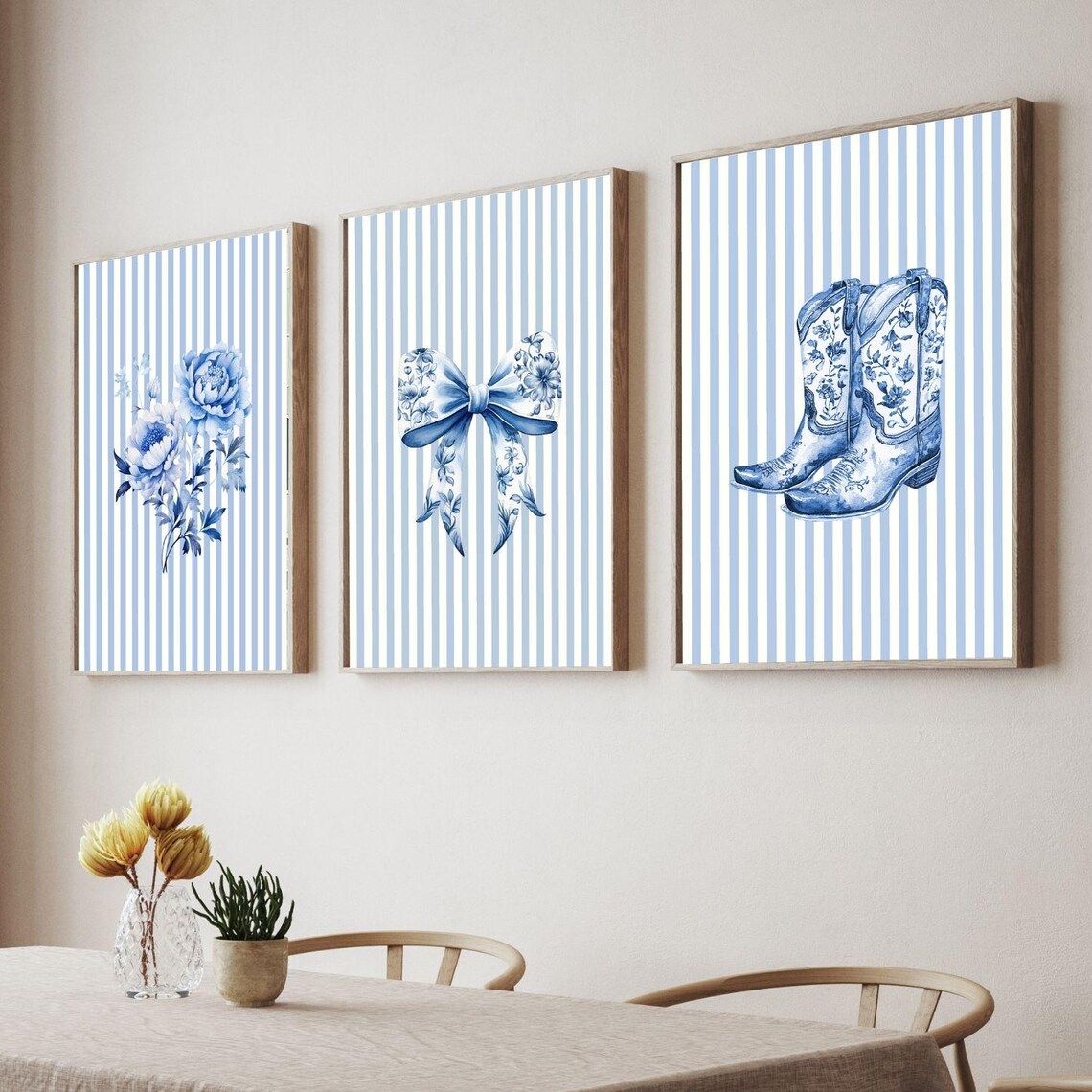 Coastal Cowgirl Chinoiserie Blue Striped Triptych Wall Art Set