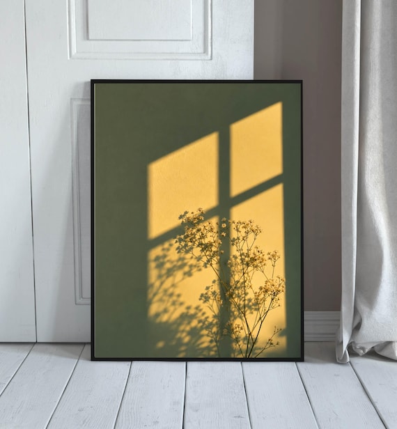 Window Shadow Wall Print Botanical Sage Green Decor Minimalist Nature Artwork Scandinavian Home Neutral Poster