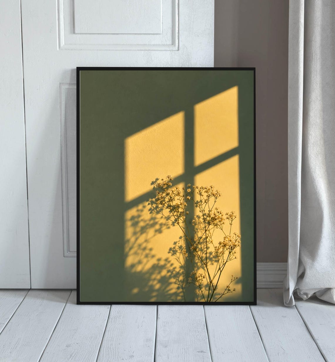 Golden Window Shadow On Sage Green Wall Dried Flower Minimal Print