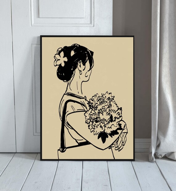 Minimalist Woman Holding Flowers Line Art Neutral Beige Wall Art