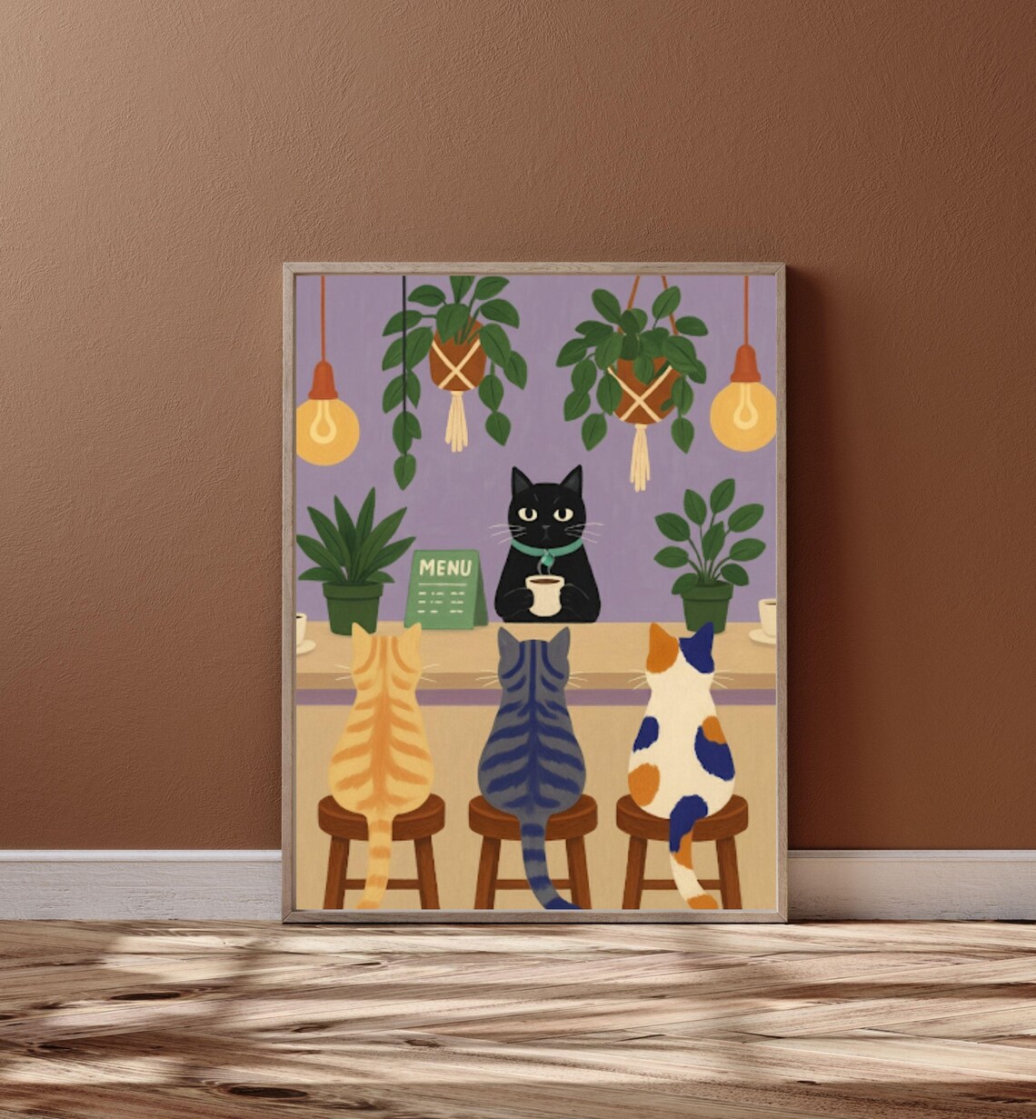 Retro Cats Coffee Bar Art Print, Whimsical Cat Lover