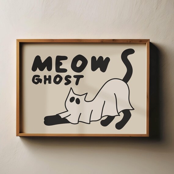 Meow Ghost Playful Stretching Ghost Cat Doodle Halloween Art Poster