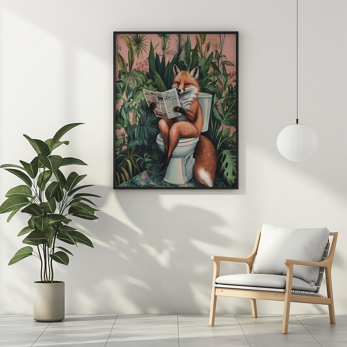 Smiling Red Fox on Toilet With Newspaper Pink Botanical Decor Poster - Image 3