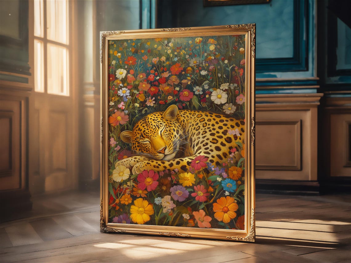 Sleeping Leopard Resting in a Wildflower Meadow Vintage Art Poster - Image 2