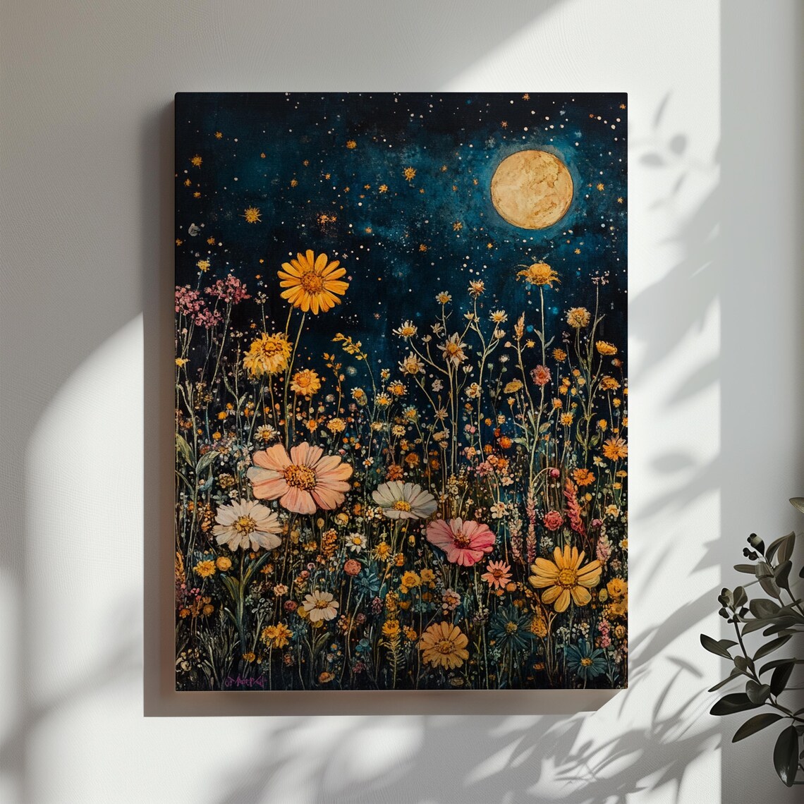 Moonlit Wildflower Meadow Golden Moon Stars Cosmos Garden Poster - Image 3