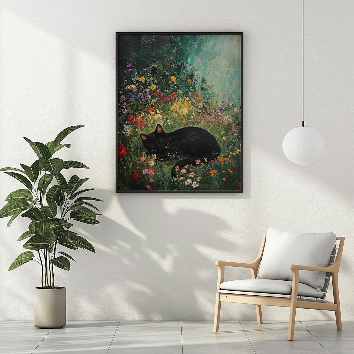 Black Cat Sleeping in Wildflowers, Vintage Art Print - Image 2