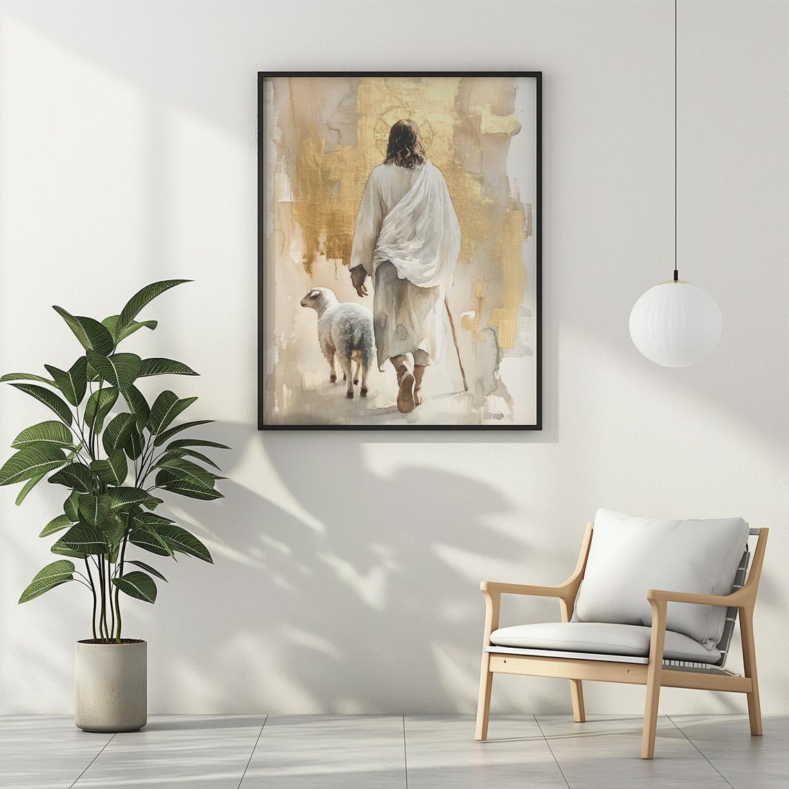 Jesus Christ Shepherd with Staff and Lamb Gold Christian Faith Poster - Image 2