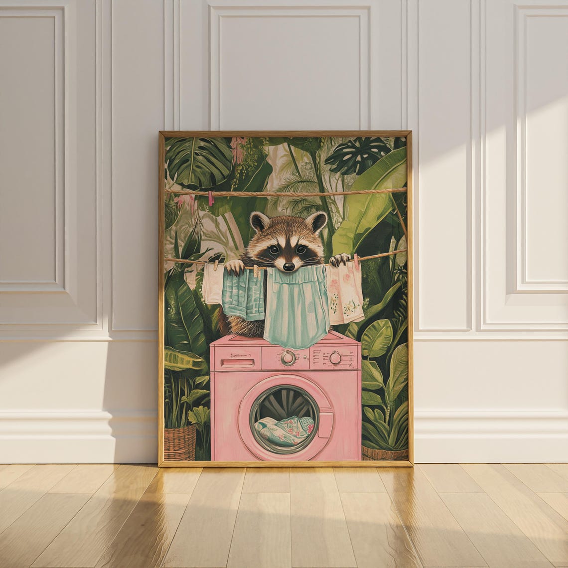 Cute Raccoon on Pink Washing Machine With Laundry Tropical Poster - Image 3