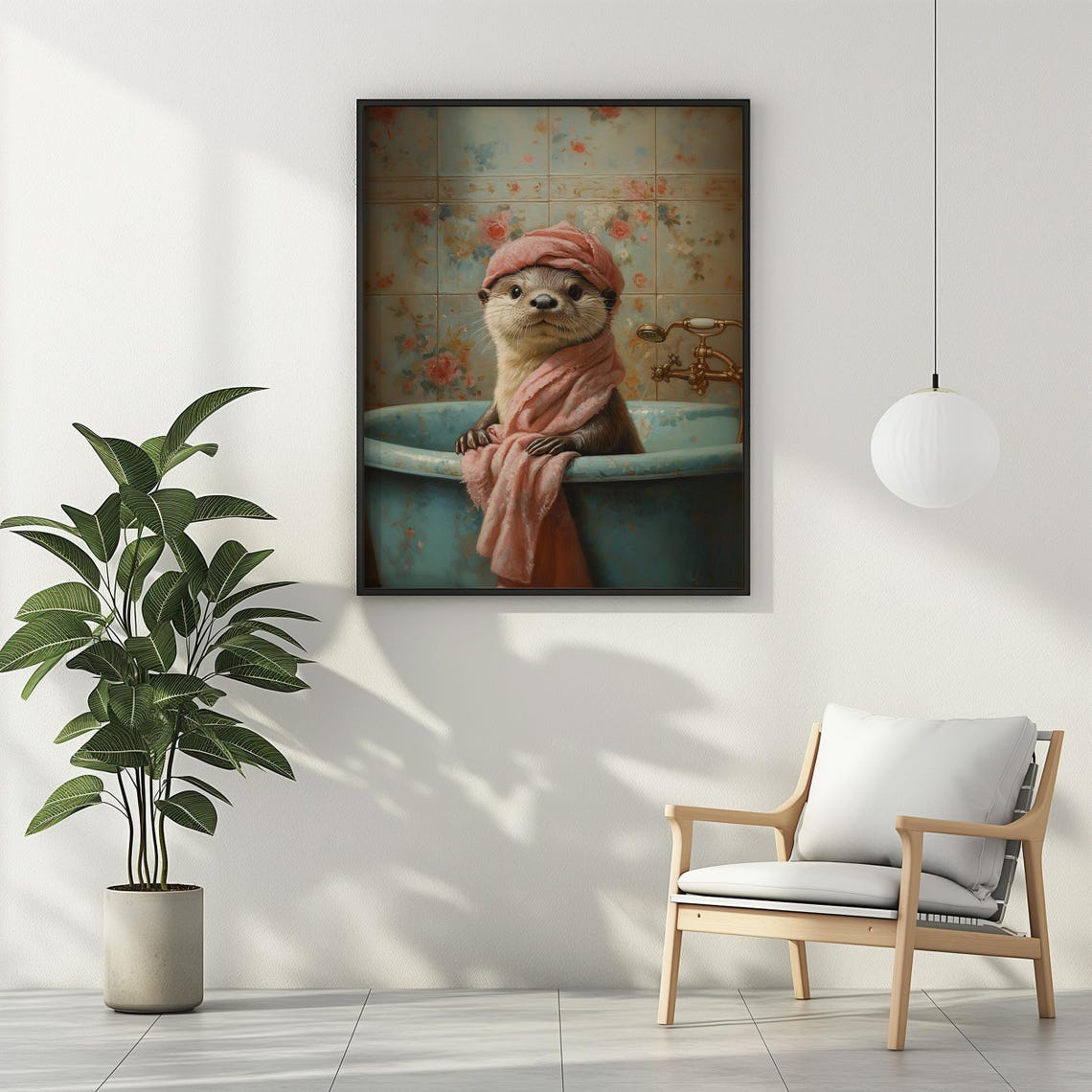 Sea Otter in Bathtub with Pink Towel Vintage Bathroom Wall Art - Image 2