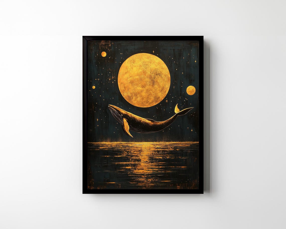 Humpback Whale Swimming Beneath Golden Full Moon Dark Ocean Wall Art - Image 2