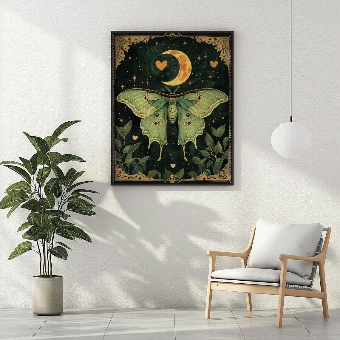 Green Luna Moth With Orange Moon Gold Hearts Dark Art Poster - Image 2