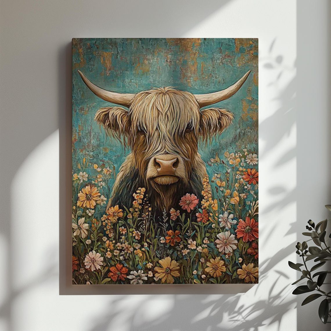 Highland Cow in Flower Meadow Rustic Teal Country Portrait Poster - Image 3