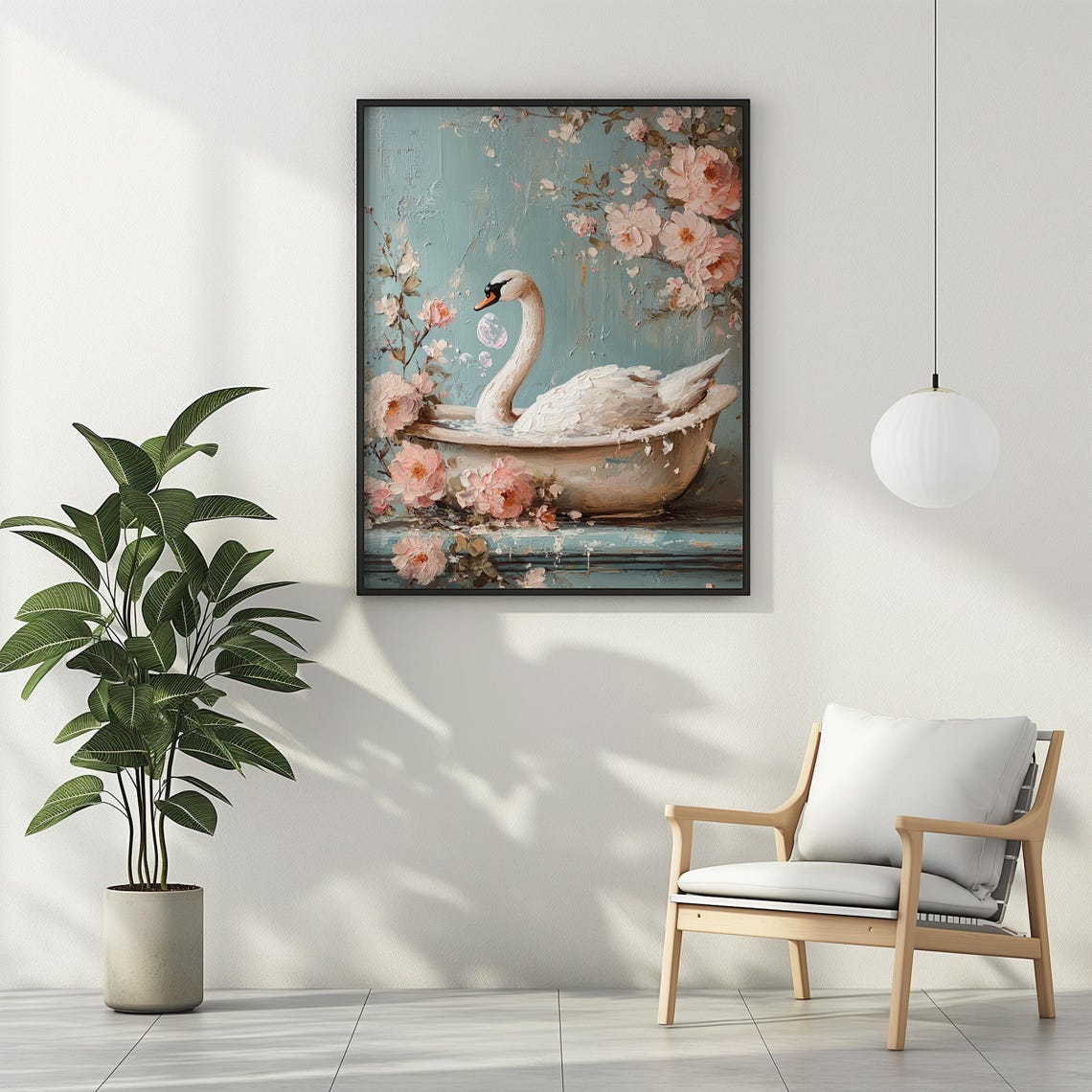 White Swan Floating in Rose Filled Bathtub Vintage Floral Art Poster - Image 3