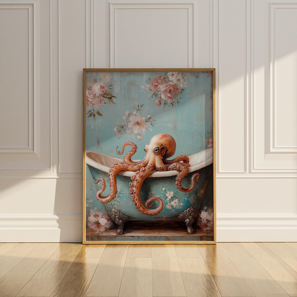 Octopus In Vintage Bathtub Floral Bathroom Whimsical Animal Poster - Image 3