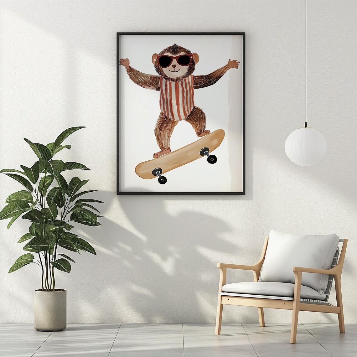 Monkey Wearing Sunglasses Riding Skateboard Watercolor Kids Room Poster - Image 2