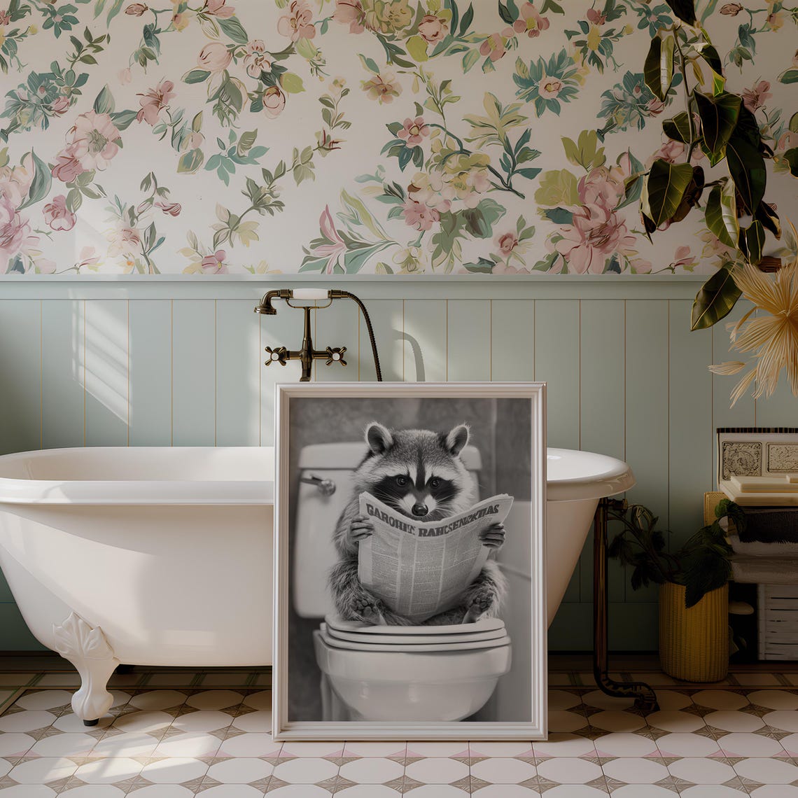 Funny Raccoon Reading Newspaper on Toilet Black and White Poster - Image 2