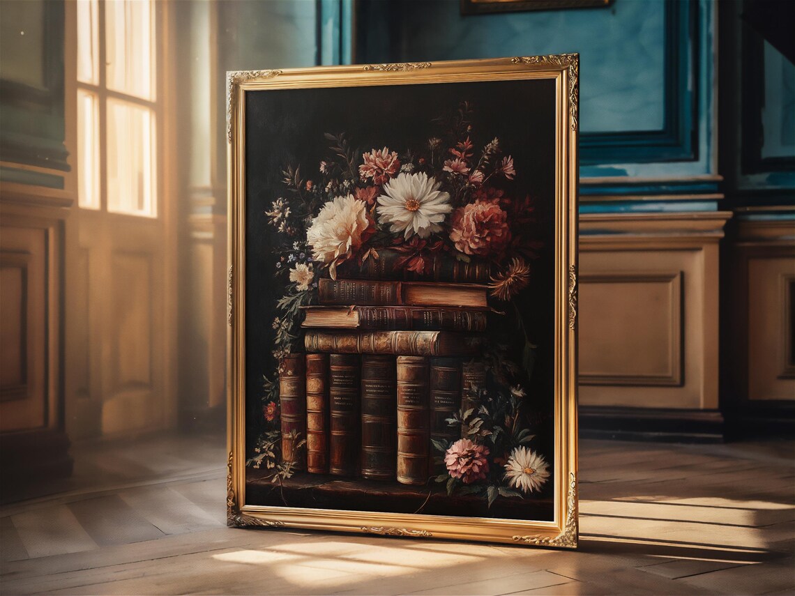 Vintage Books with a Rose Bouquet Still Life Dark Academia Poster - Image 3