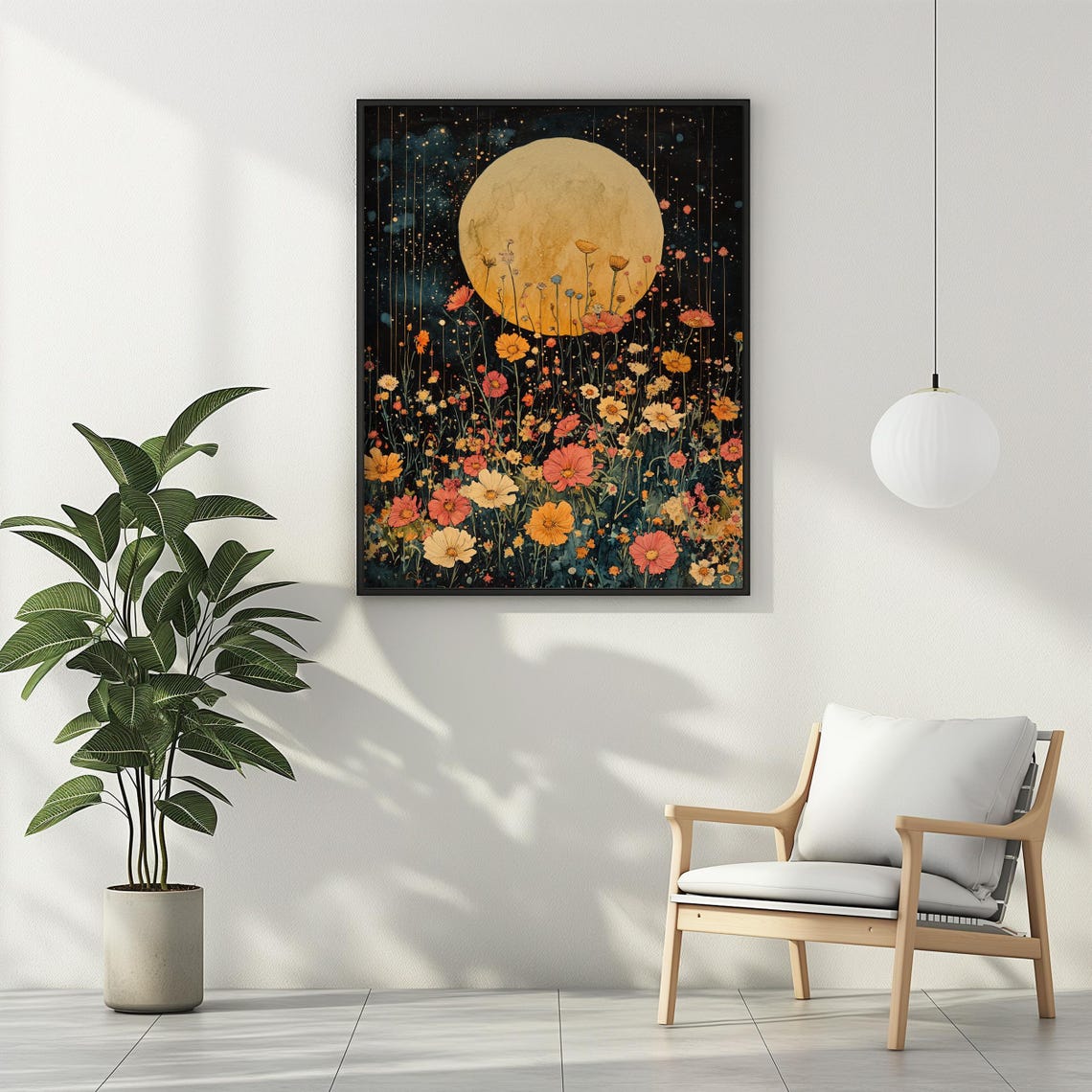 Golden Moon Over Wildflower Meadow Starry Night Garden Poster - Image 3