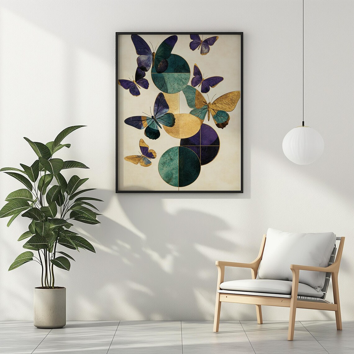 Colorful Butterflies and Golden Circles Modern Botanical Poster - Image 3