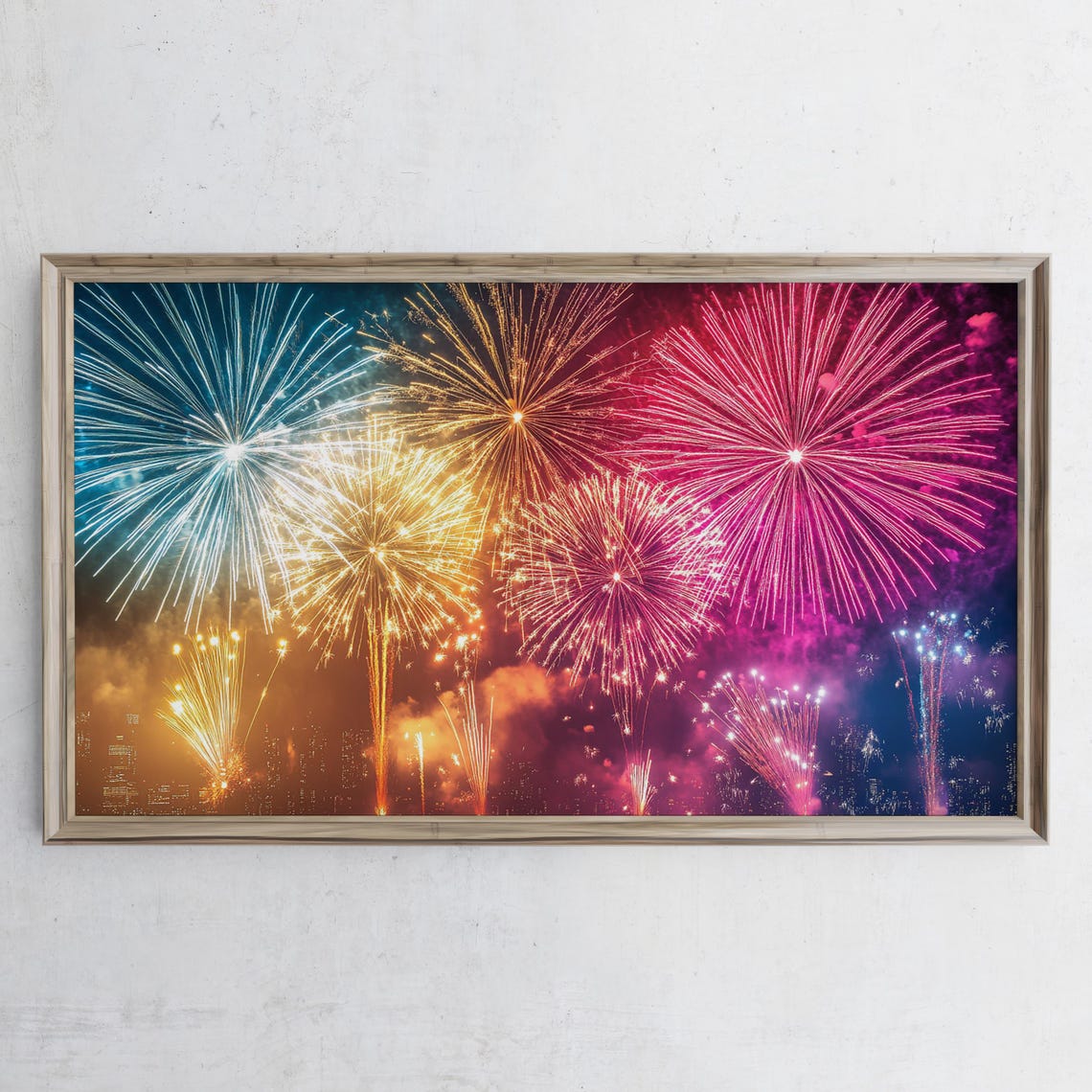 Colorful Fireworks Over City Skyline Night Celebration Display Poster