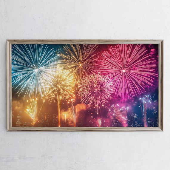 Colorful Fireworks Over City Skyline Night Celebration Display Poster