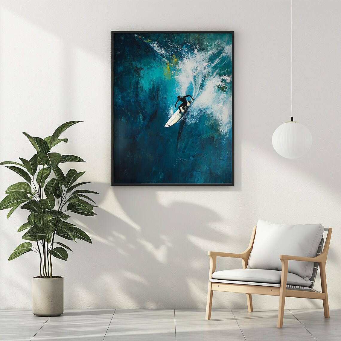 Surfer Riding Big Ocean Wave Teal Surf Art Painterly Beach Coastal Poster - Image 4
