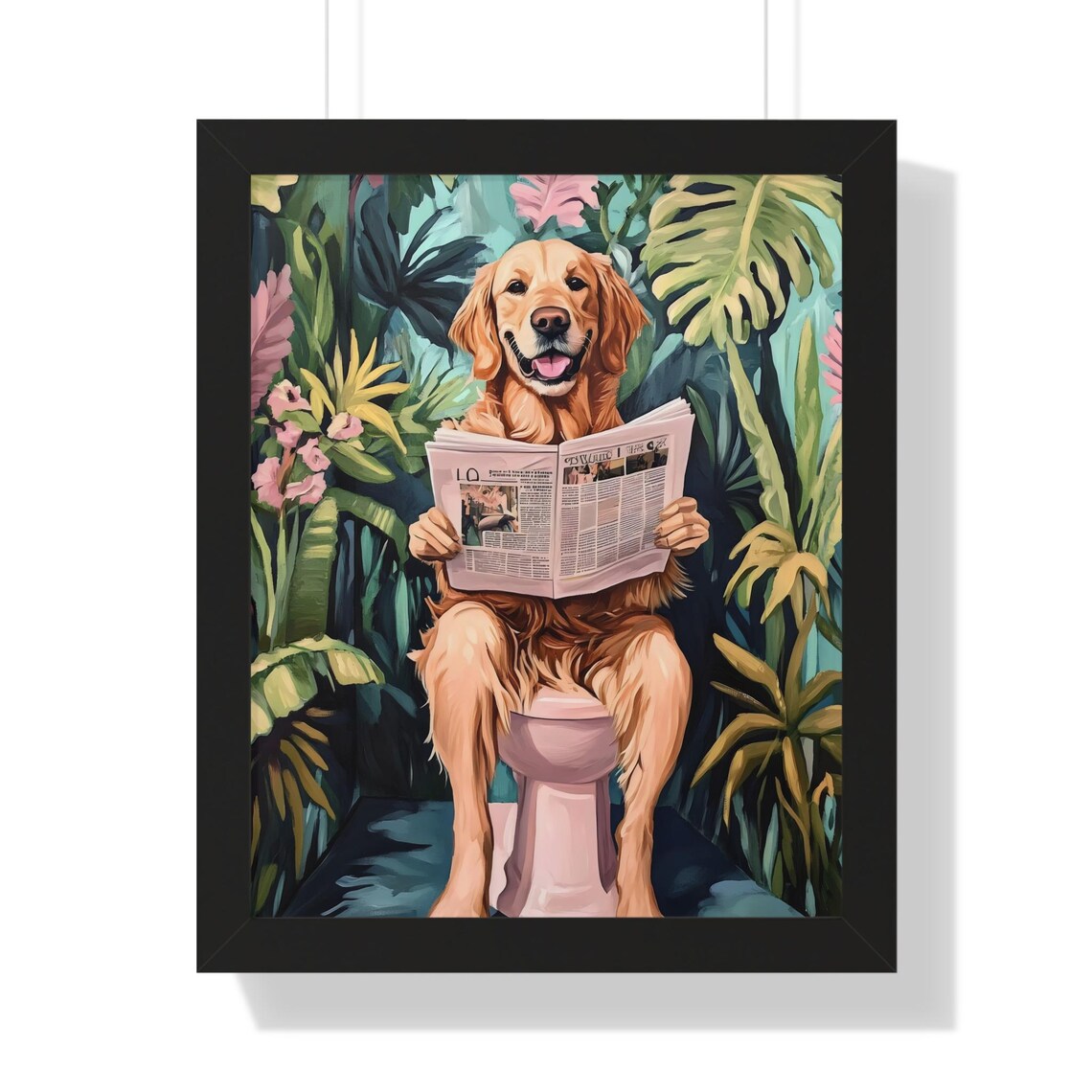 Golden Retriever Smiling on Pink Toilet Reading Newspaper Poster - Image 3