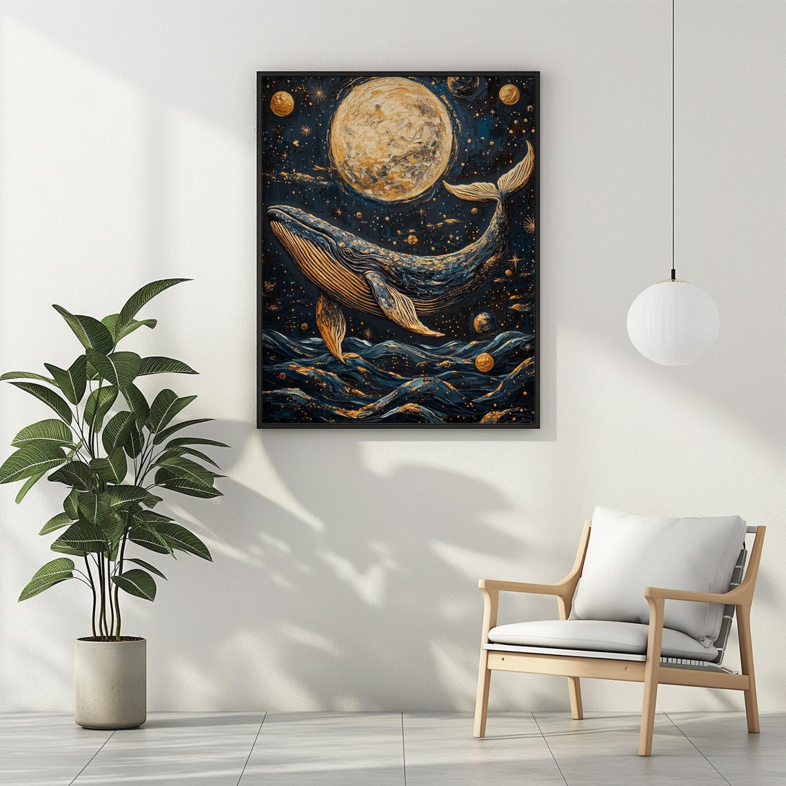 Golden Whale Leaping Under Full Moon Starry Ocean Night Wall Art - Image 3
