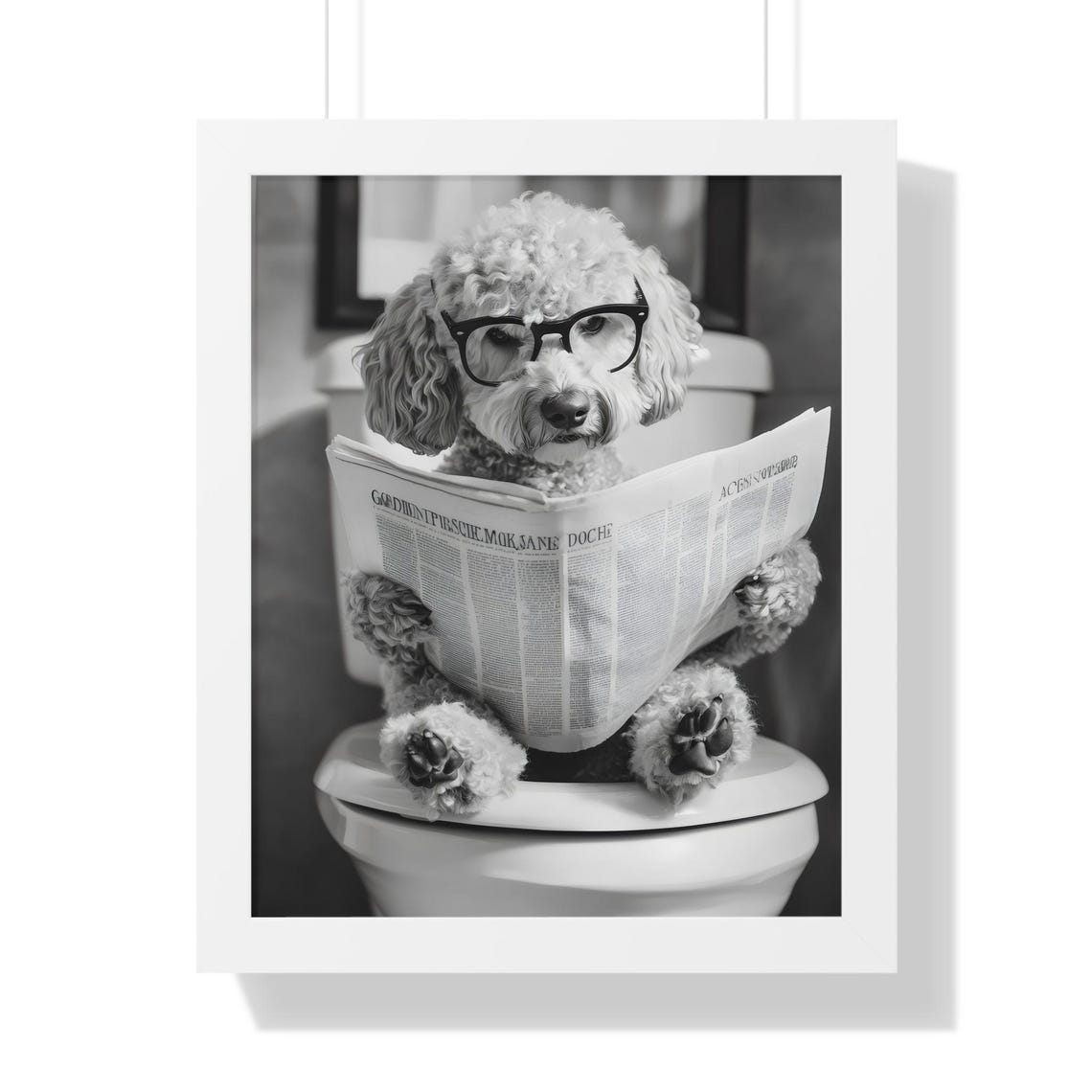 Poodle Wearing Glasses Reading Newspaper on Toilet Black White Poster - Image 2