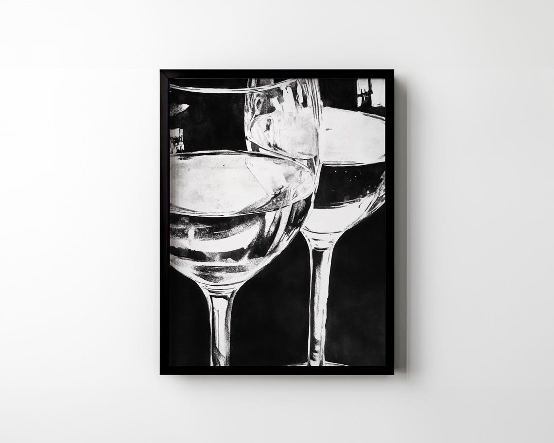 Black and White Wine Glasses Close Up Bold Brushstroke Photo Poster - Image 3