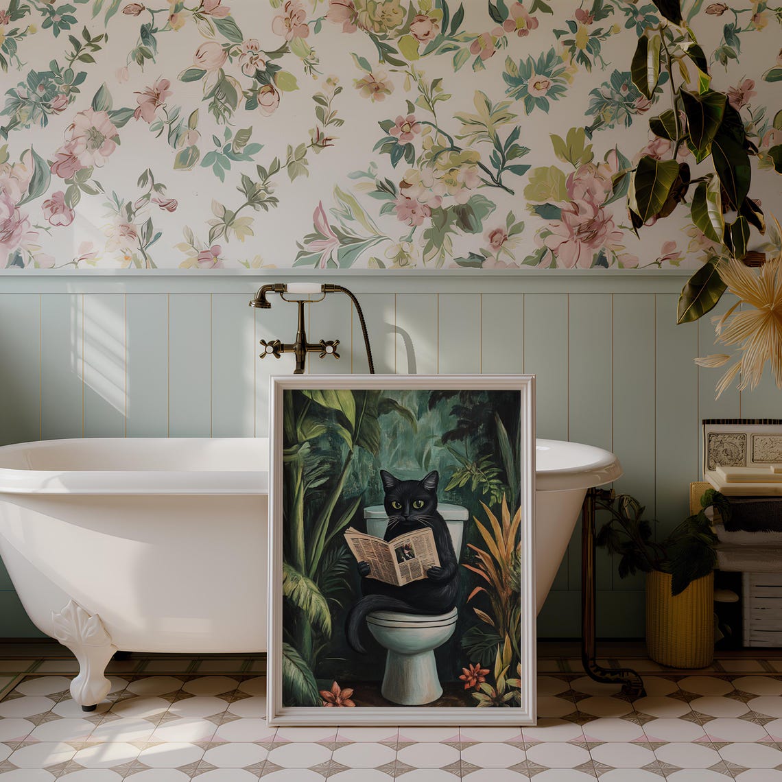 Black Cat Reading Newspaper on Toilet Emerald Jungle Bathroom Poster - Image 3
