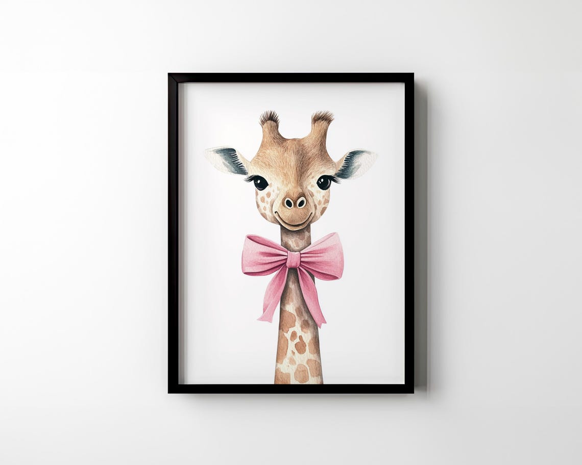 Baby Giraffe Pink Bow Watercolor Cute Nursery Girls Room Decor Poster - Image 2