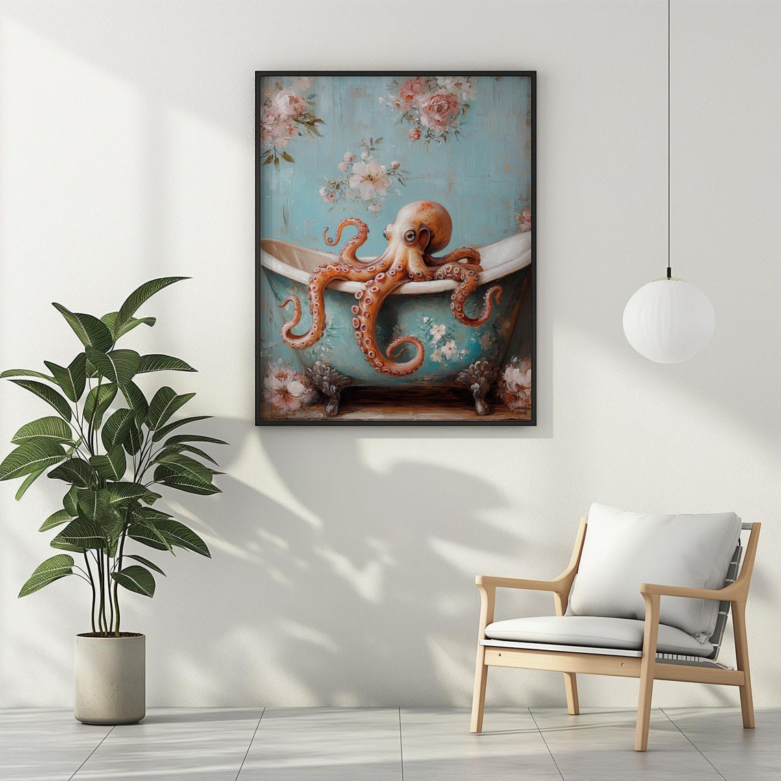 Octopus In Vintage Bathtub Floral Bathroom Whimsical Animal Poster - Image 2