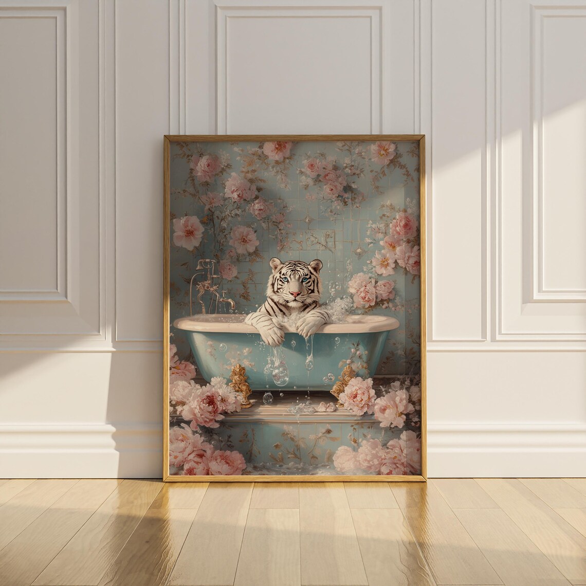 White Tiger in a Vintage Bathtub with Pink Roses Funny Poster - Image 3