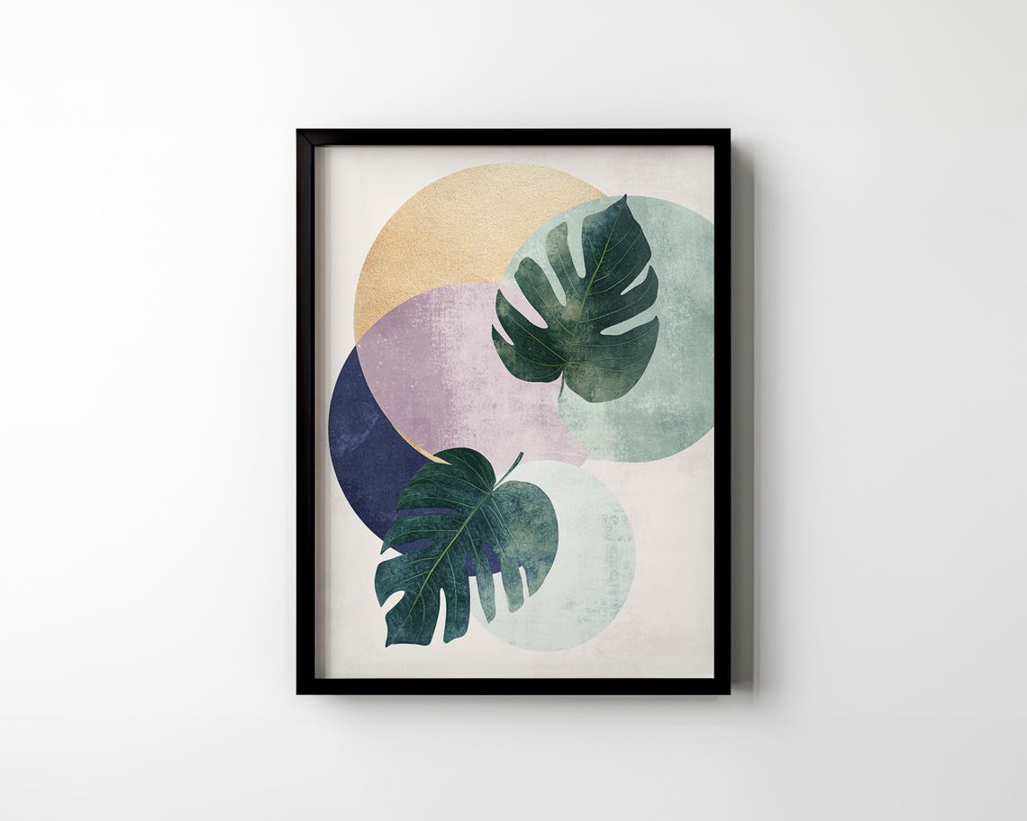 Monstera Leaves and Pastel Circles Modern Tropical Botanical Poster - Image 3