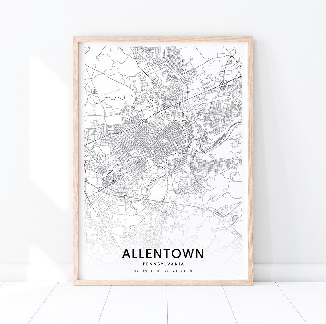 Allentown Pennsylvania City Street Map Modern Black White Art Poster