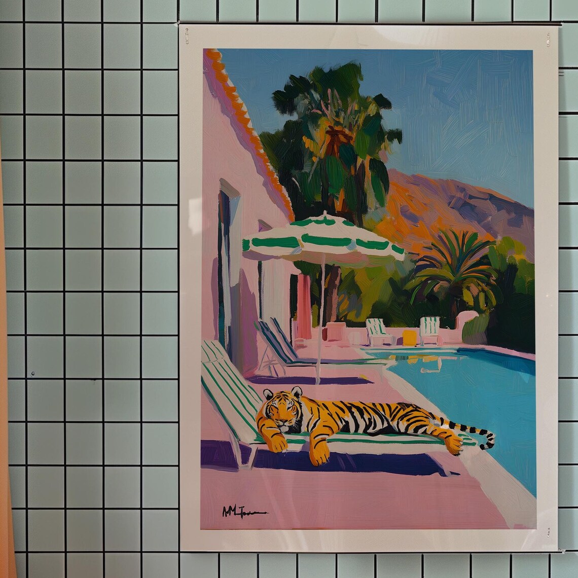 Tiger Lounging By The Pool Palm Springs Painting Funny Animal Poster