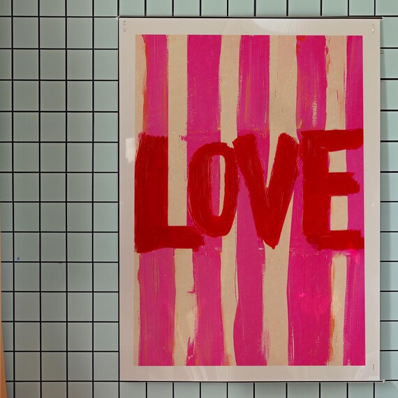 Bold Red Love Typography Over Pink Stripes Modern Trendy Wall Art