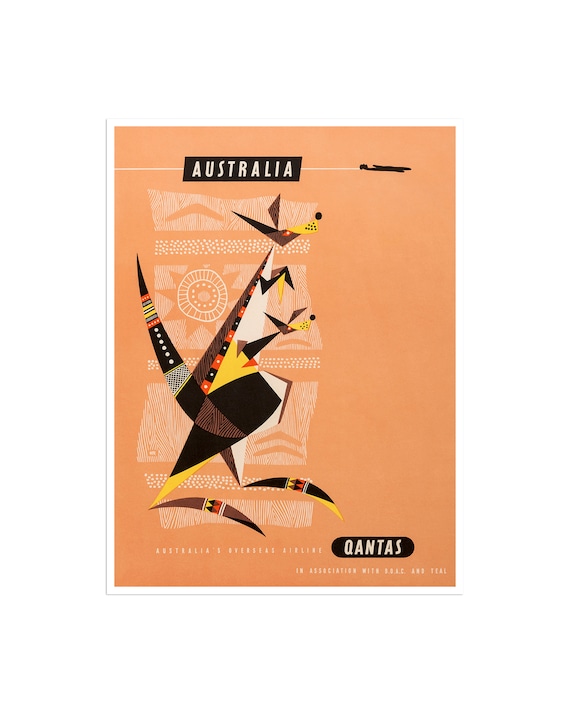 Australia Qantas Vintage Geometric Kangaroo Overseas Airline Poster