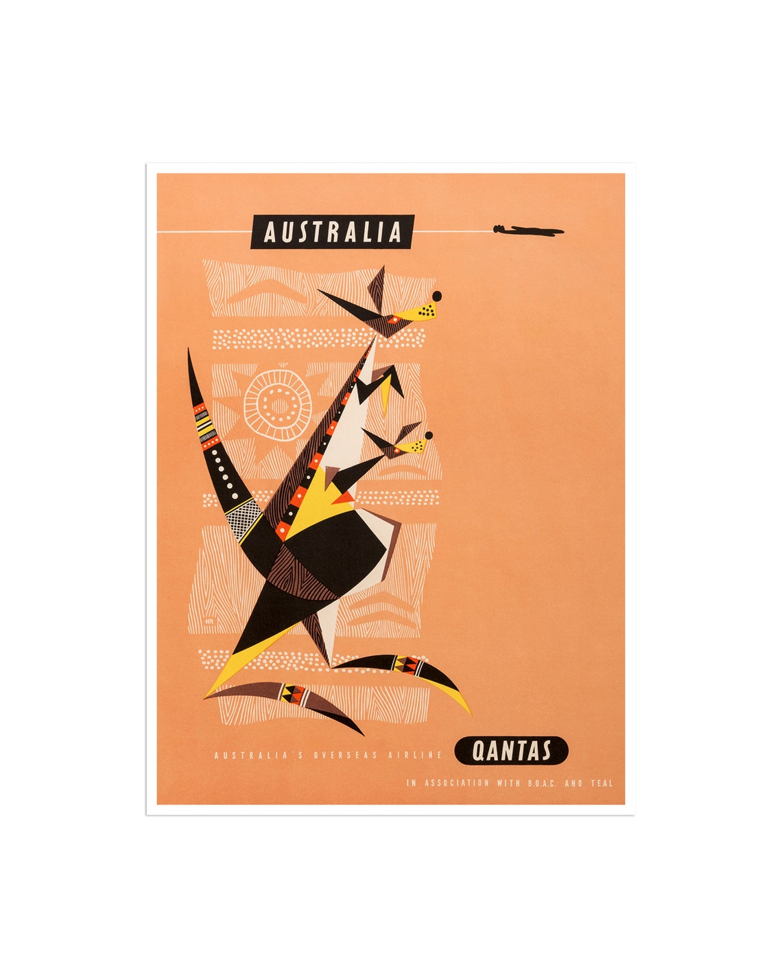 Australia Qantas Vintage Geometric Kangaroo Overseas Airline Poster
