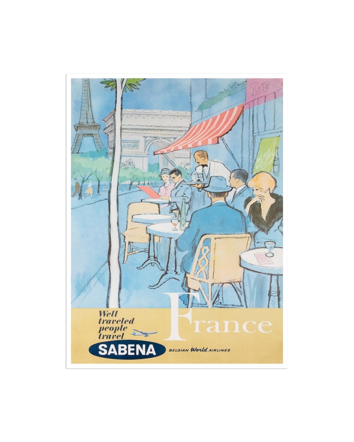 Sabena France Paris Cafe Eiffel Tower Vintage Airline Poster