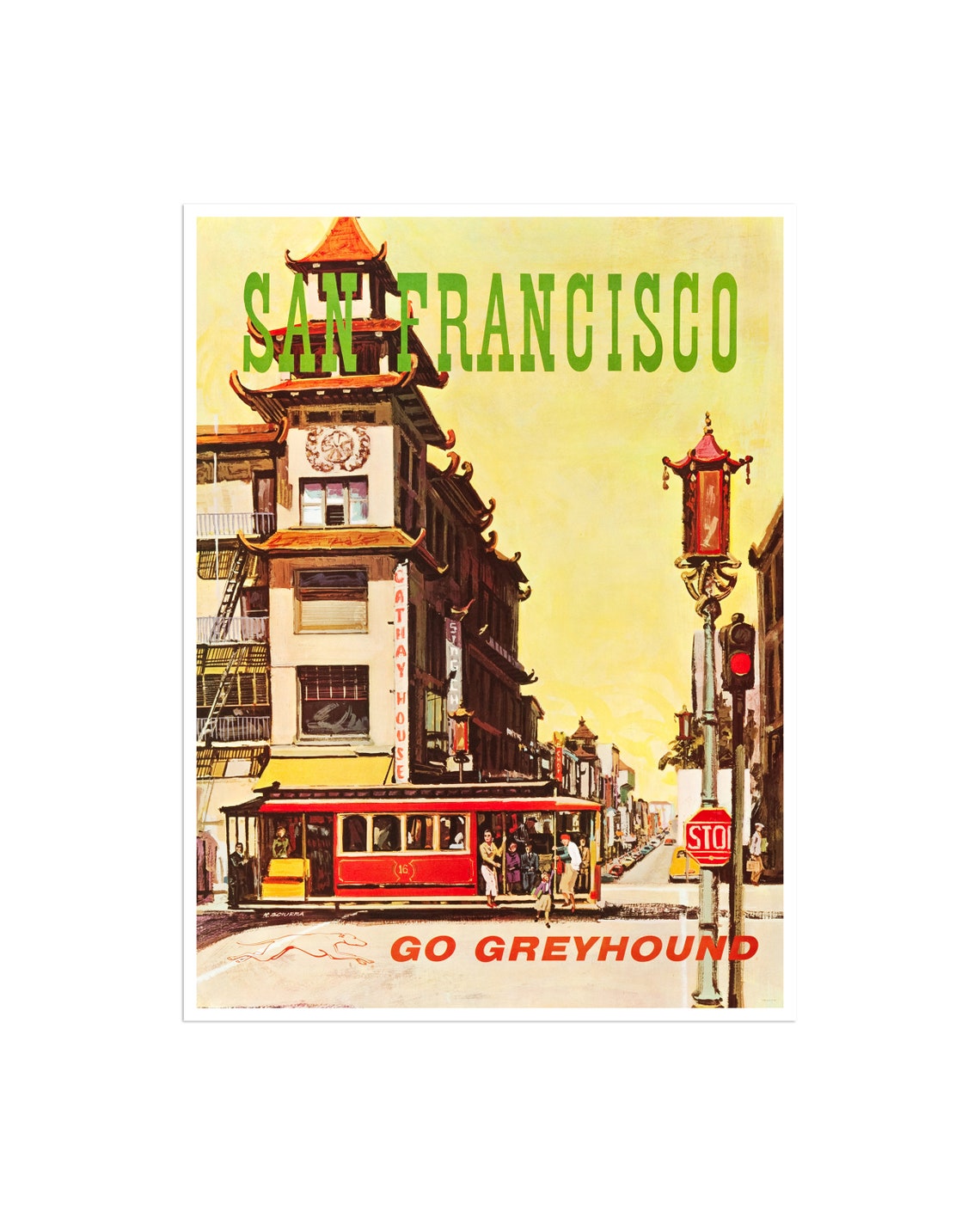 San Francisco Go Greyhound Poster Chinatown Cable Car Vintage Art
