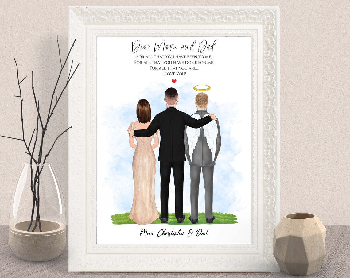 Groom with Mom and Dad in Heaven Memorial Wedding Gift Poster