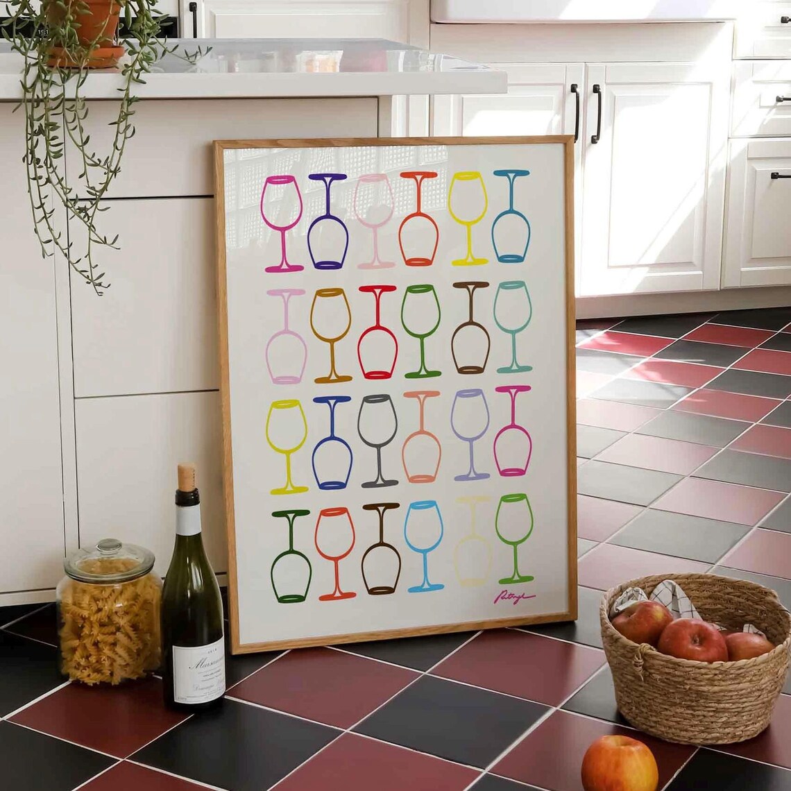 Colorful Wine Glass Retro Bar Cart Poster